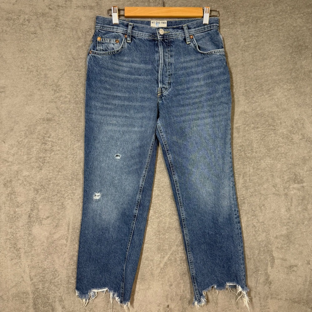 We The Free‎ People Jeans 27 Maggie Mid Rise Straight Leg Distressed Fray Hem